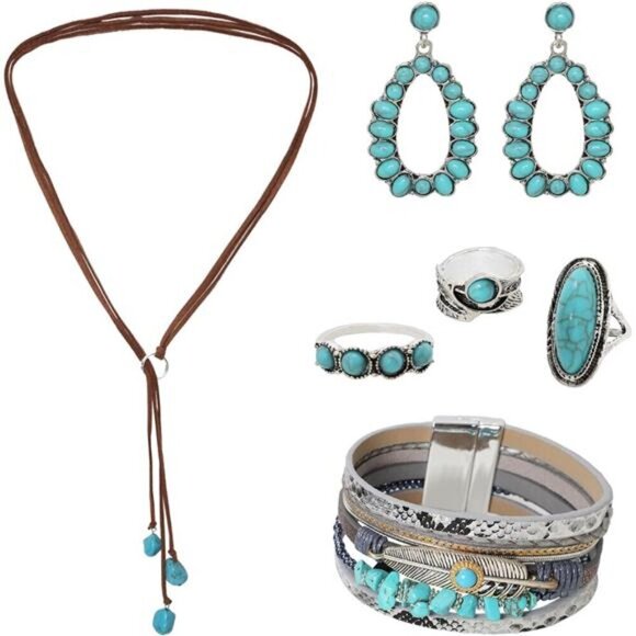 6 Pcs Western Jewelry for Women Boho Set Bohemian Turquoise Jewelry Set - Picture 1 of 7